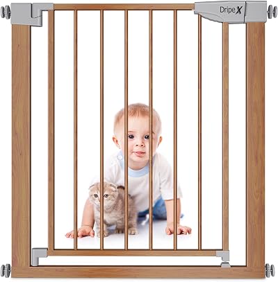 Dripex Wood Pattern Stair Gate for Baby and Pets 75-82 cm Auto Close One-Handed
