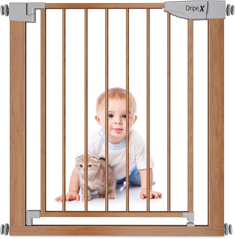 Dripex Wood Pattern Stair Gate for Baby and Pets 75-82 cm Auto Close One-Handed