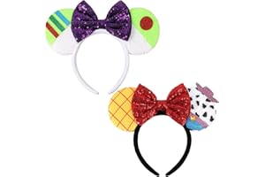 ETLUK Mouse Ears Headbands, 2 PCS Mouse Ears Sequin Bow Headbands for Women Boys and Girls, Cosplay Accessories Party Decorations (Green, Yellow)