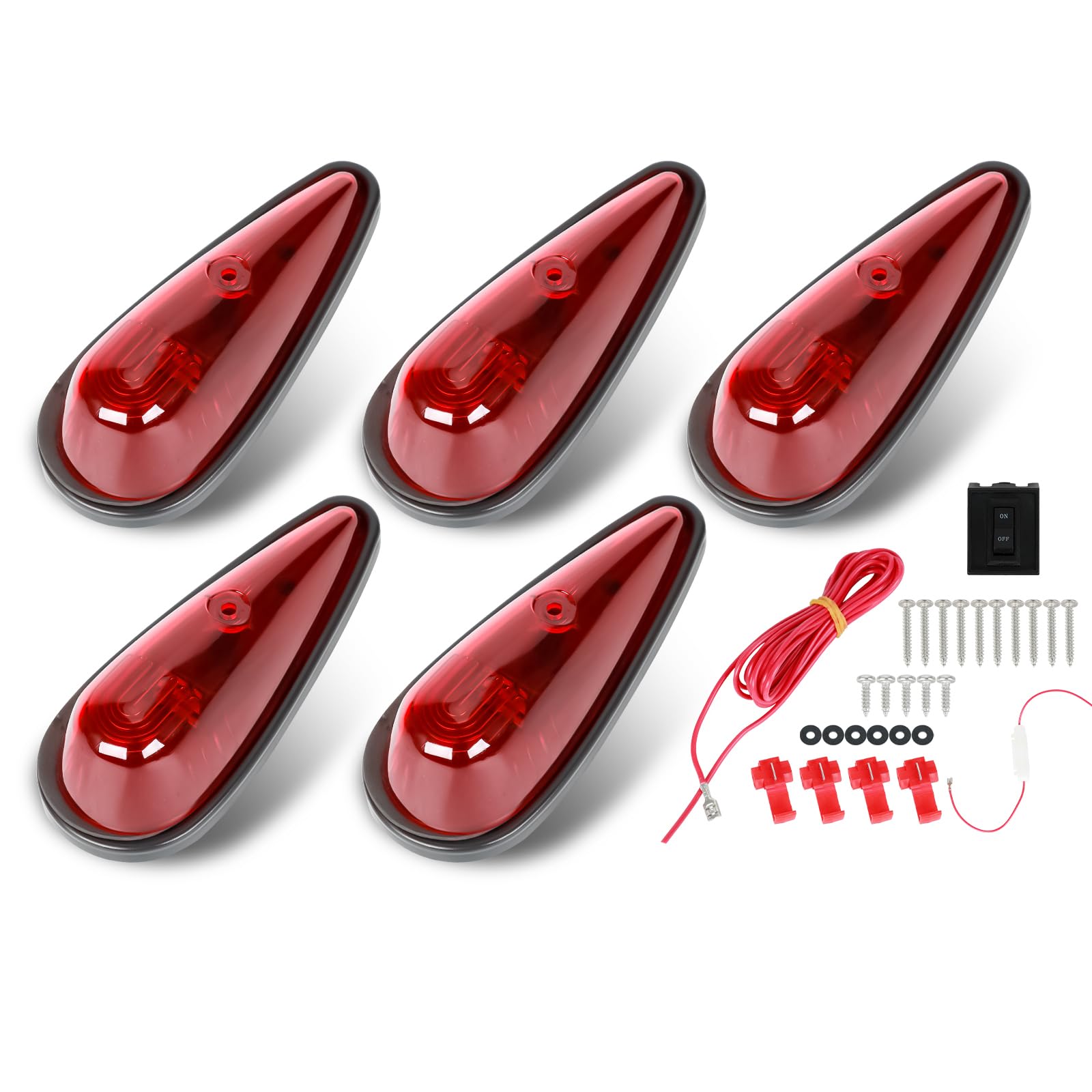 Photo 1 of FSBCGT 5Pcs Red Teardrop Cab Light 9LED Cab Marker Light Front Top Clearance Roof Running Light w/Wires & Mounting Kit for Trucks, Pickups,Vans, Semis and RVs