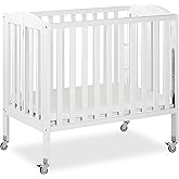 Dream On Me 3-in-1 Portable Folding Stationary Side Mini Baby Crib in White & Mattress, GreenGuard Gold & JPMA, Use as Changer & Playpen, Locking Wheels, 3 Mattress Heights, Extra Firm Mattress