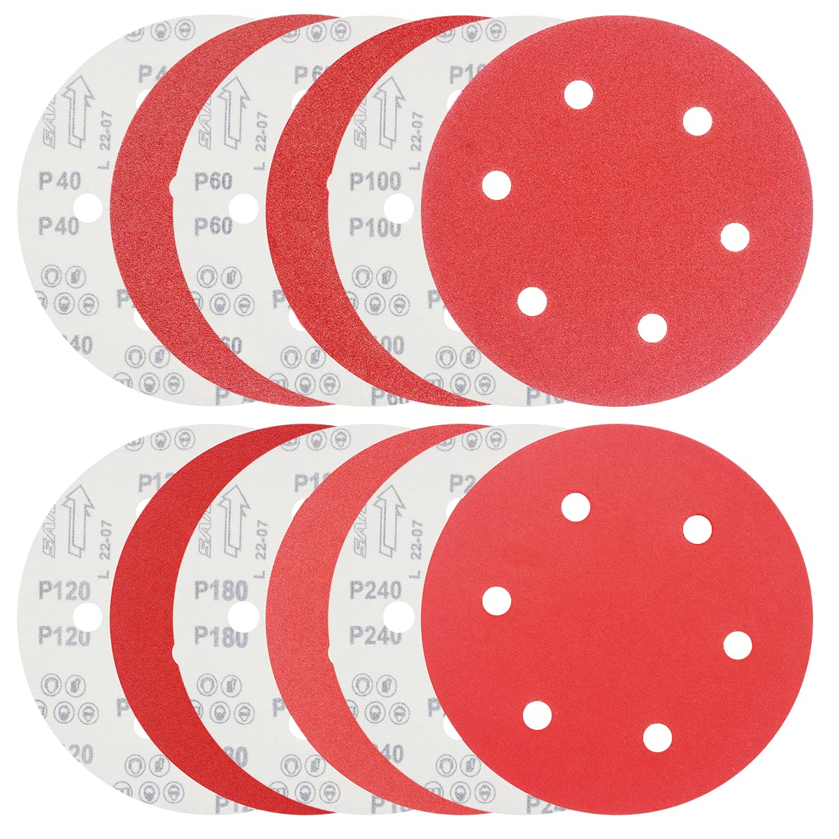FEIHU 60 Pcs 225mm sanding discs 6 holes .9inch Hook and Loop Discs，6 different grits 10XP40/60/100/120/180/240, red 6-hole sandpaper for drywall sanders