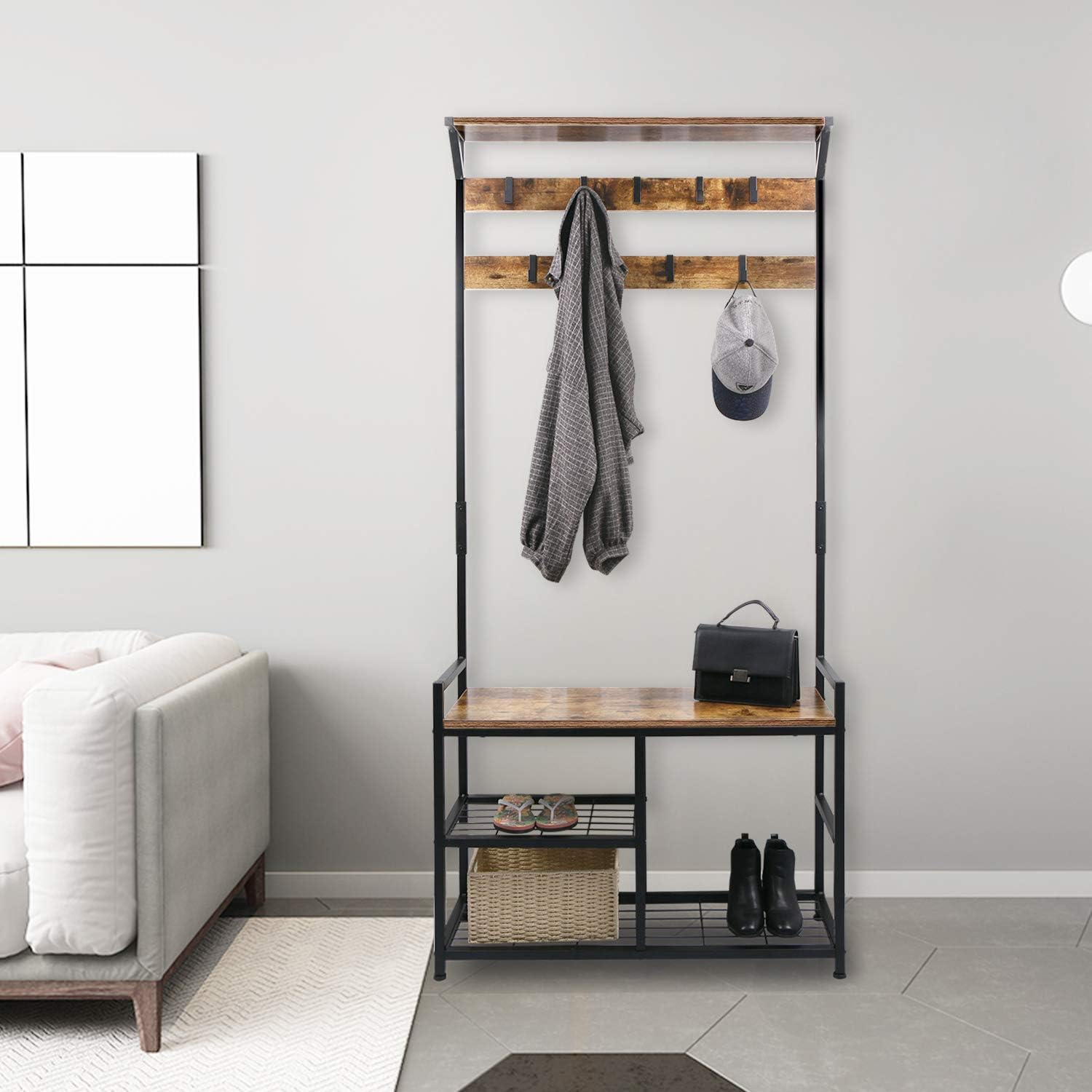 HOMEKOKO Coat Rack Shoe Bench, Hall Tree Entryway Storage Bench, Wood Look Accent Furniture with Metal Frame, 3-in-1 Design (Rustic Brown): Home & Kitchen