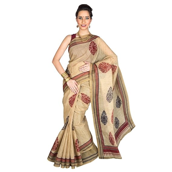 Women's Mangalagiri Poly Cotton Saree With Blouse Piece (MK1630_Beige)