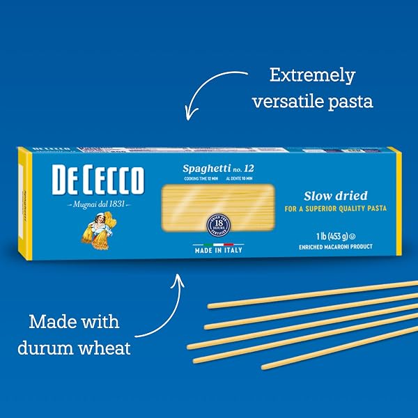 DE CECCO SPAGHETTI NO. 12 PASTA, 16 OZ, AUTHENTIC, SLOW DRIED, MADE WITH DURUM WHEAT, VERSATILE PASTA FOR SAUCES & RECIPES, MADE IN ITALY
