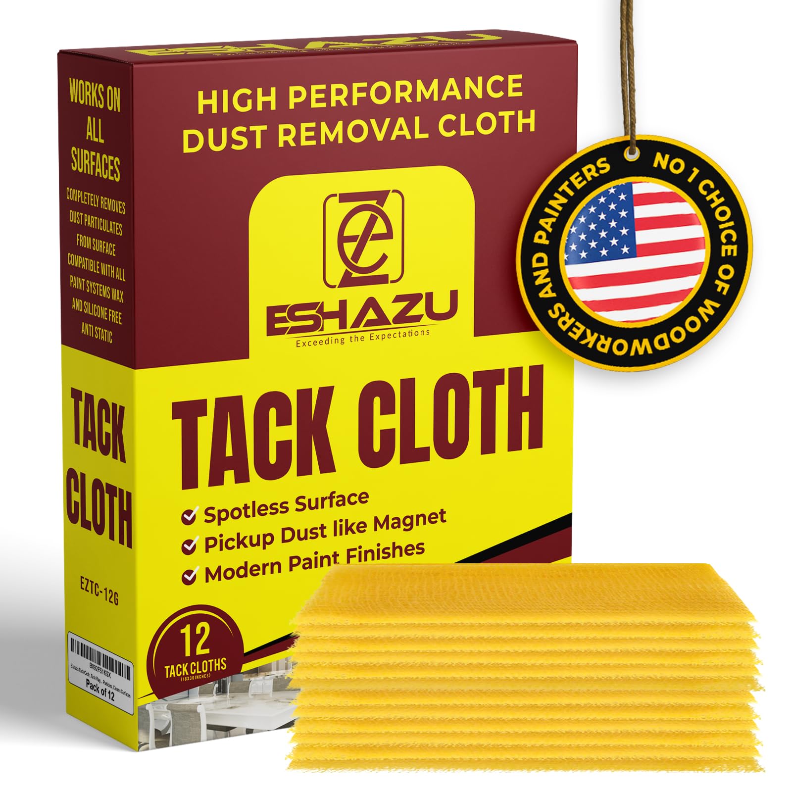Eshazu Superior Tack Cloths (Box of 12) - Tack Rags for Woodworking and Painters Professional Grade - Removes Dust, Sanding Particles, Cleans Surfaces - Wax and Silicone Free, Anti-Static