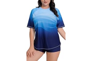 JOYBIK Women's Plus Size Short Sleeve Rash Guard with Built in Bra UPF50+ Swim Shirt and Shorts Two Piece Swimsuit