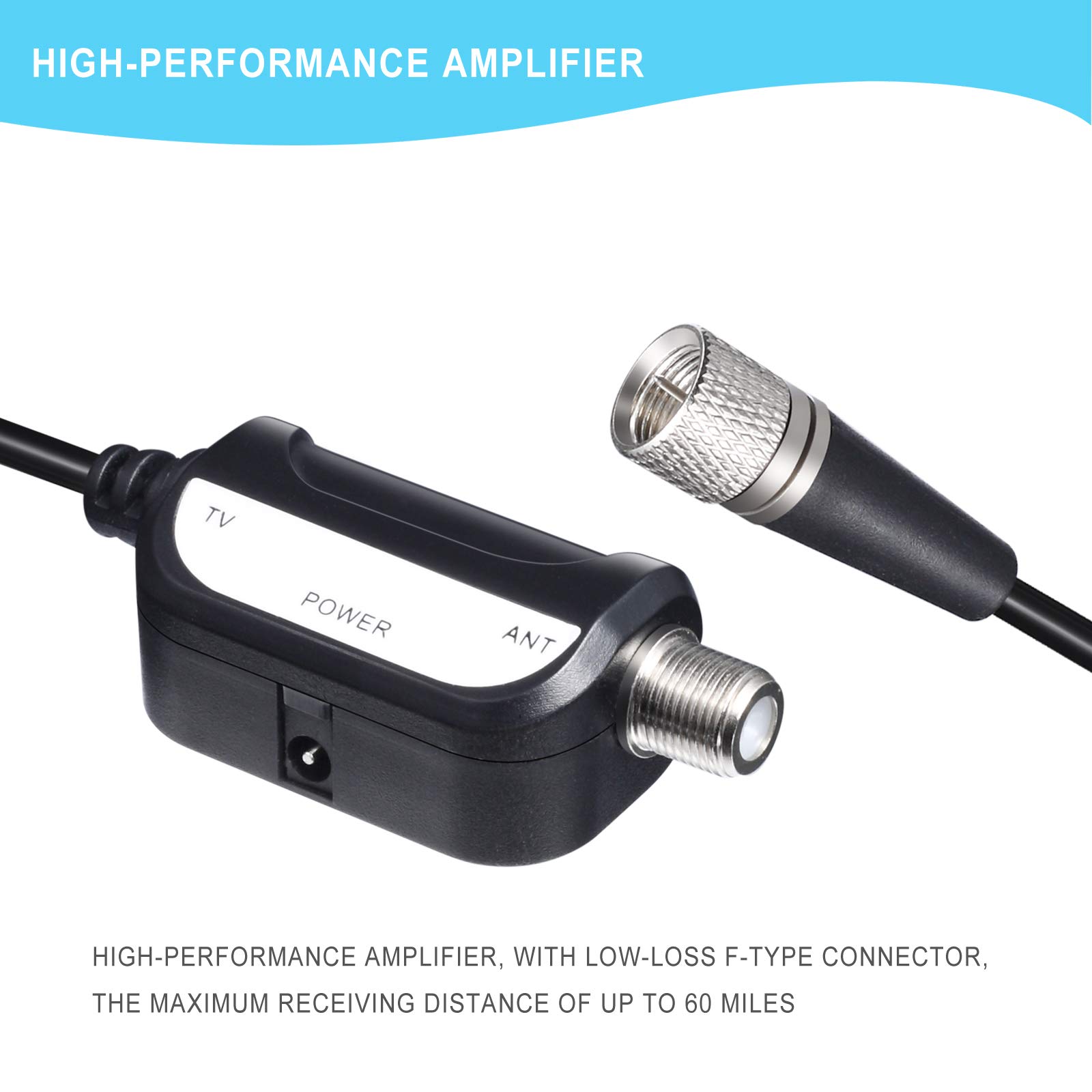 ROCAM HDTV Antenna - Indoor Digital TV Antenna 65+ Miles with Amplifier Signal Booster - Premium Design with Long Coax Cable Support HD 1080P VHF UHF All TV\'s