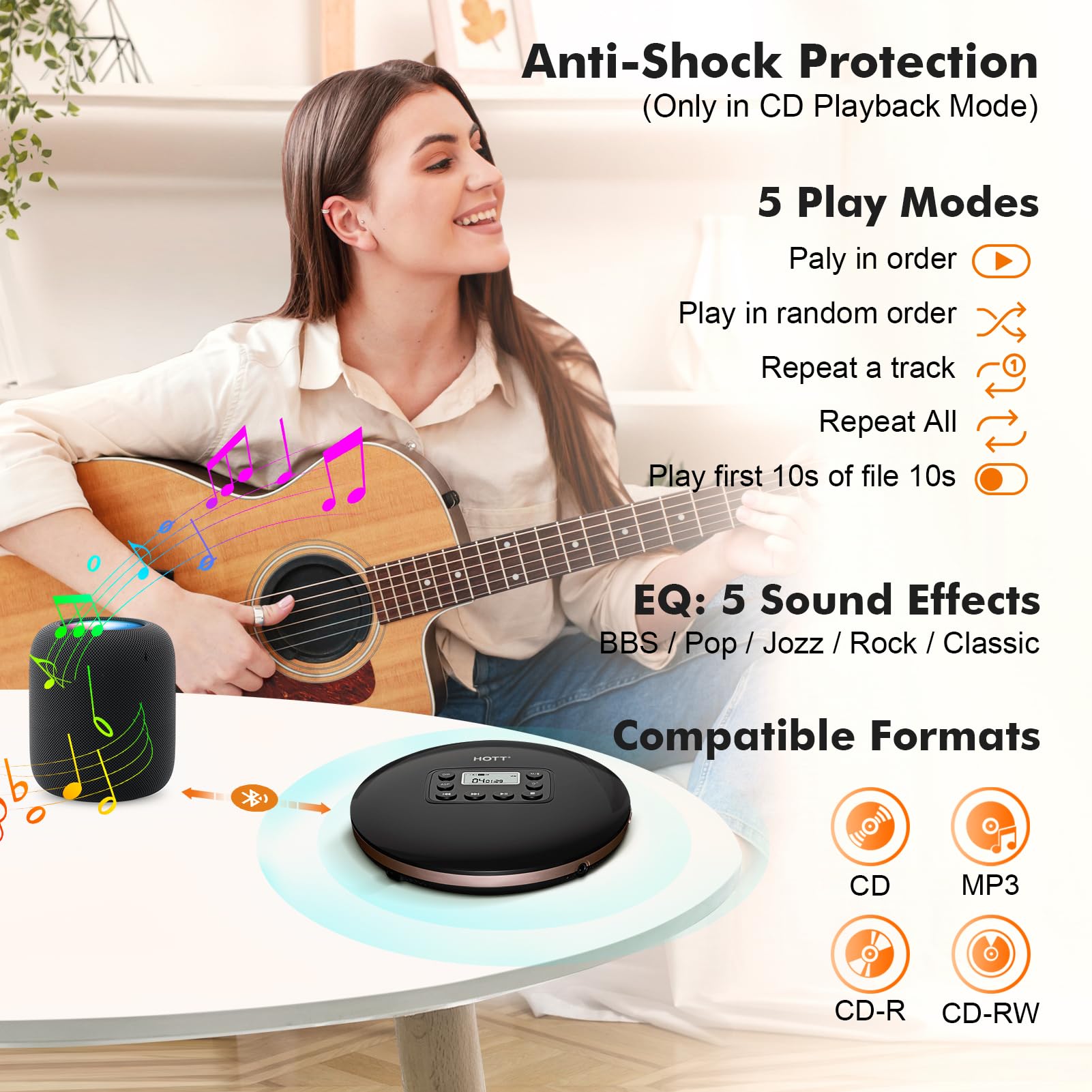 HOTT CD711T Bluetooth Rechargeable Portable CD Player for Home Travel and Car with Stereo Headphones and, Anti Shock Protection-Black