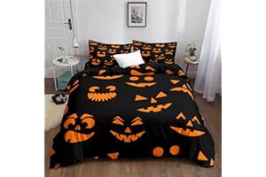 Bedbay Halloween Bedding Queen Size Halloween Duvet Cover Set Cute Pumpkin Ghost Printed for Kids Boys Girls Halloween Decorations 3 Pcs Soft Quilt Cover for All Seasons(Orange, Queen)