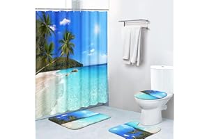 Britimes 4 Piece Shower Curtain Sets, with 12 Hooks, Tree Tropical Beach with Non-Slip Rugs, Toilet Lid Cover and Bath Mat for Bathroom Decor Set, 72" x 72"