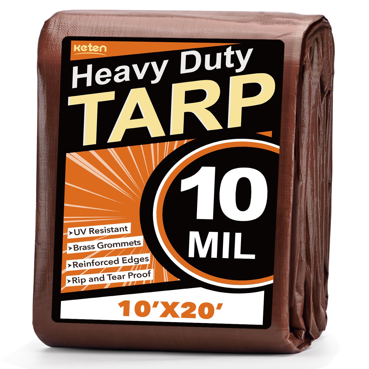 Keten Tarps Heavy Duty Waterproof 10X20Ft, 10 Mil Thick Multipurpose Poly Tarp Tear & Fade Resistant, UV Blocking, Outdoor Tarp with Reinforced Grommets for Roof, Camping, Patio, Pool (Brown/Silver) Image