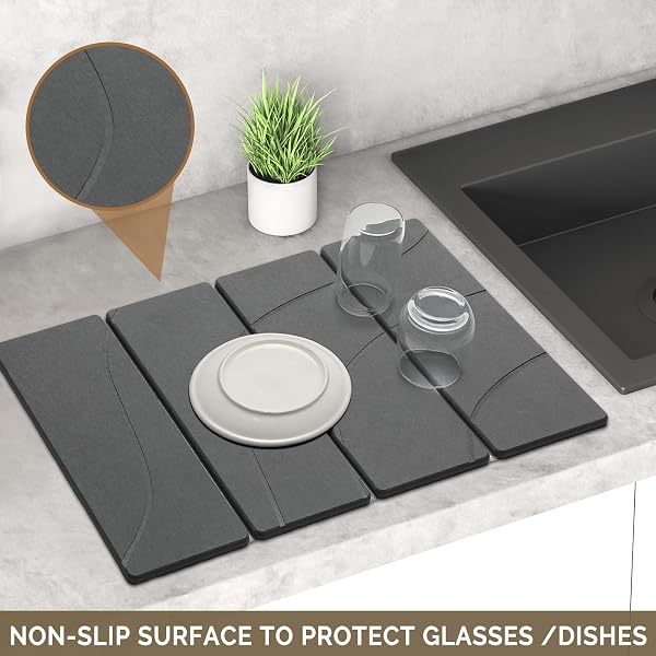 LARGE STONE DISH DRYING MAT FOR KITCHEN COUNTER, 2 PCS QUICK DRY STONE MATS, FOLDABLE WATER ABSORBING DIATOMACEOUS EARTH DRYING DISHES PAD FOR COUNTERTOP BOTTLE UTENSIL CUP(CARVED GRAY 24″X16″&8″X4″)