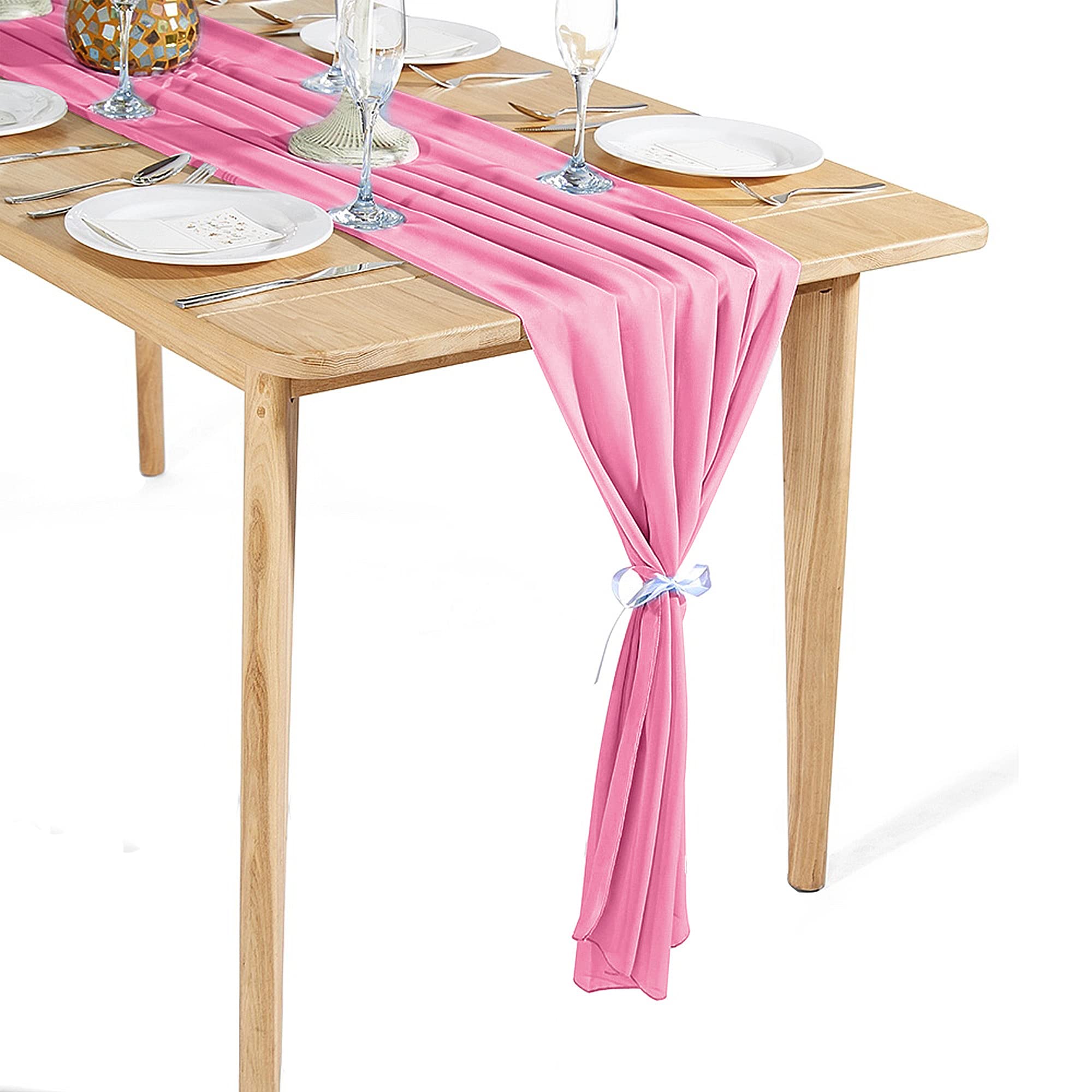 Time to Sparkle 2PCS 10FT Chiffon Table Runner Wedding Decor 28x120 inches Gauze Table Runner Rustic Sheer Table Decor for Romantic Bridal Shower Baby Shower Birthday Party Pink