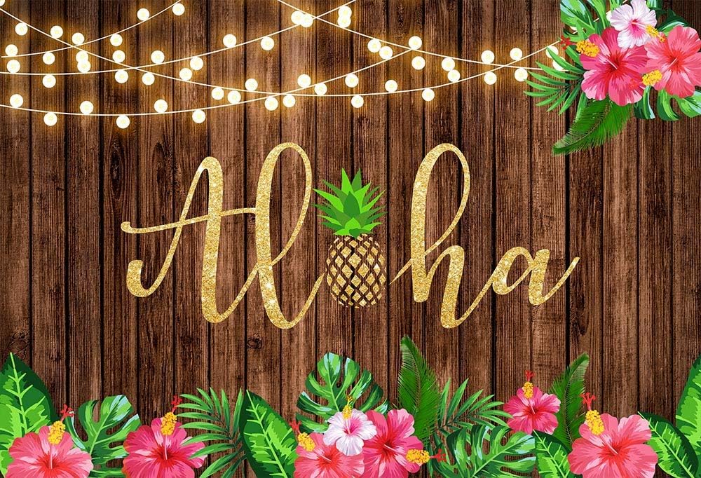 COMOPHOTO7x5ft Aloha Party Backdrop Wood Tropical Leaves Flower Aloha Luau Hawaiian for Kids Baby Party Decorations Birthday Baby Shower Party Photo Booth Background