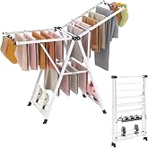 COSTWAY Clothes Drying Rack, Foldable 2-Level Laundry Drying Rack with Adjustable Wings, 16 Drying Rails, 28 Sock Clips &amp; 4 Shoe Racks, Space Saving Metal Clothing Racks for Indoor &amp; Outdoor, White