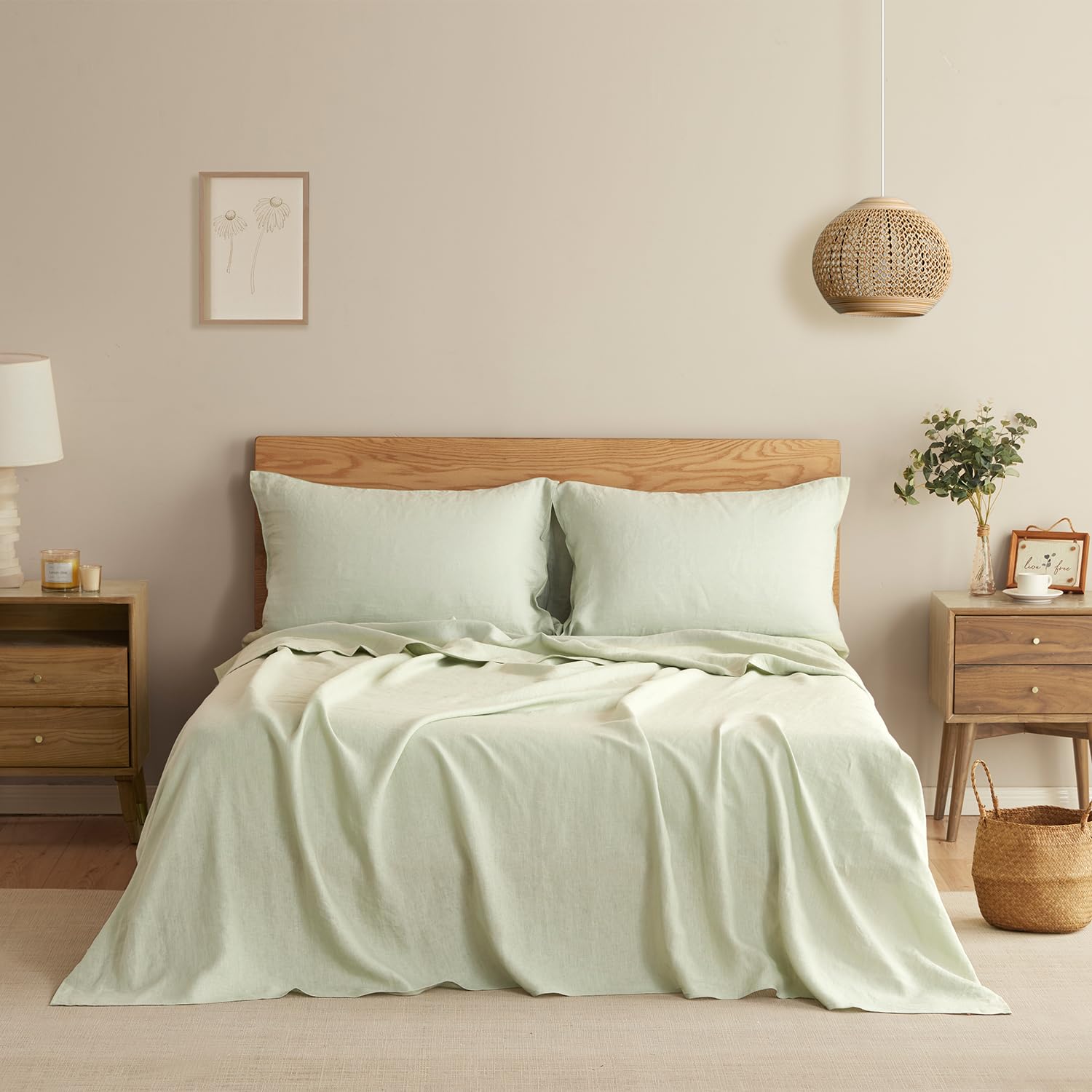 Photo 1 of DAPU Pure Linen Sheets Set, 100% French Linen from Normandy, Breathable and Durable for Hot Sleepers, 4 Pcs Set - 1 Flat Sheet, 1 Fitted Sheet, 2 Pillowcases (Sage Green, King)