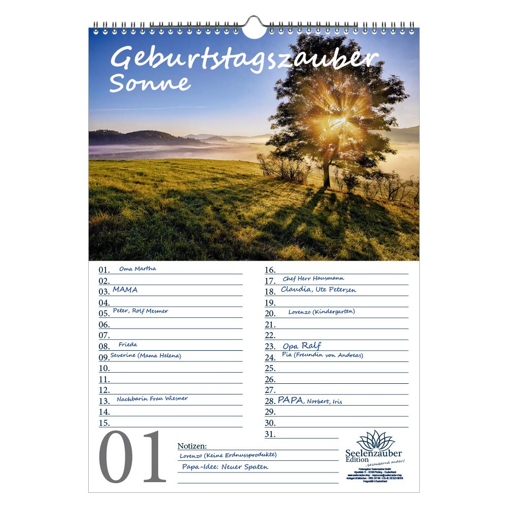 Birthday Planner Birthday Calendar Sun Magic DIN A3 Calendar Sun and Light – Soul Magic