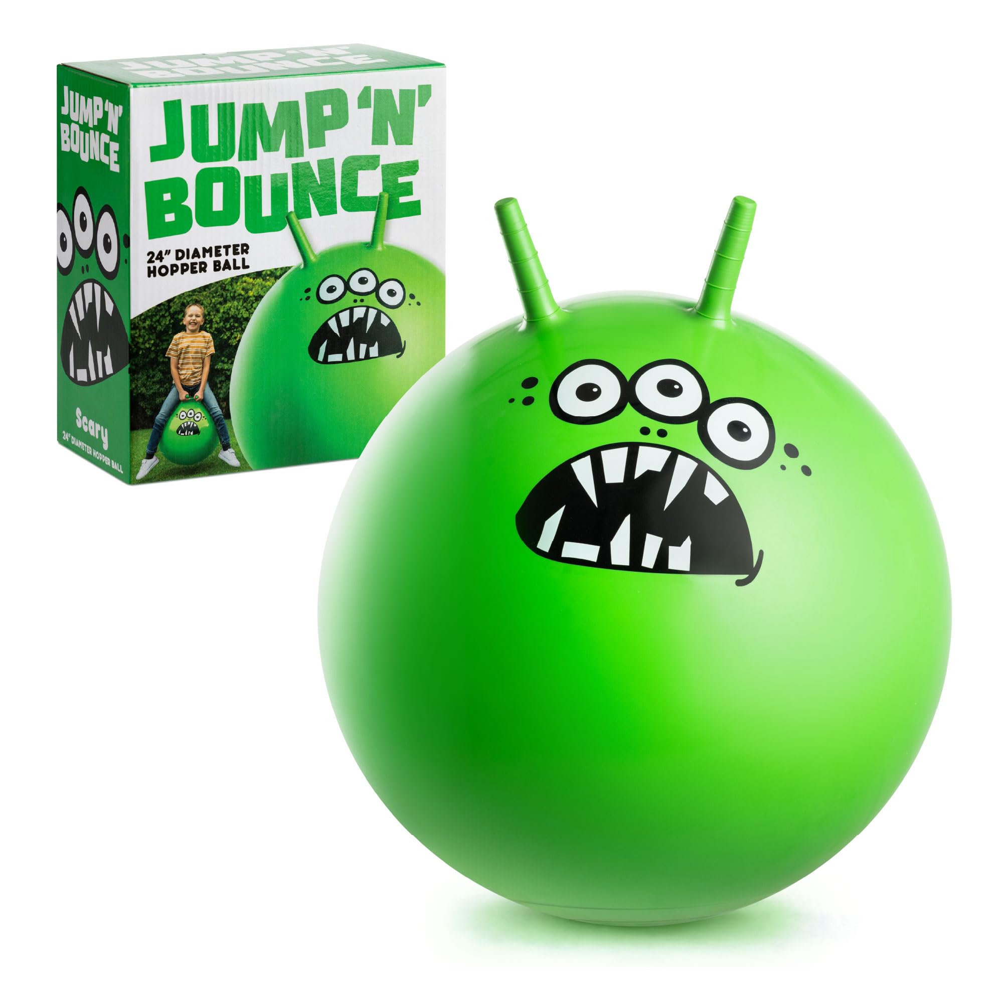 Toyrific Jump N Bounce Kids Space Hopper, 24 Inch Retro Bouncing Ball with Easy Grip Handles, Outdoor or Indoor Exercise Toy for Ages 3+, Scary Green Design