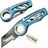 Tondiamo 2 Pcs Folding Pocket Utility Knife Box Cutter, Blue | Heavy Duty Razor Knife with Anti Slip Finger Loop, Box Cutters Quick Change Blade, 3 Lock, for Home Office Warehouse