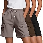 Neer 3 Pack Women's Bermuda Shorts Cargo Elastic Drawstring Knee Length Shorts Casual Loose Yoga SweatShorts with 4 Pockets