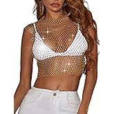 ChiaoLezhee Iridescent Rhinestone Crop Top, Rave Concert Festival Outfits Women, Sexy Sparkly Fishnet Tanks, Sheer Mesh Shirt