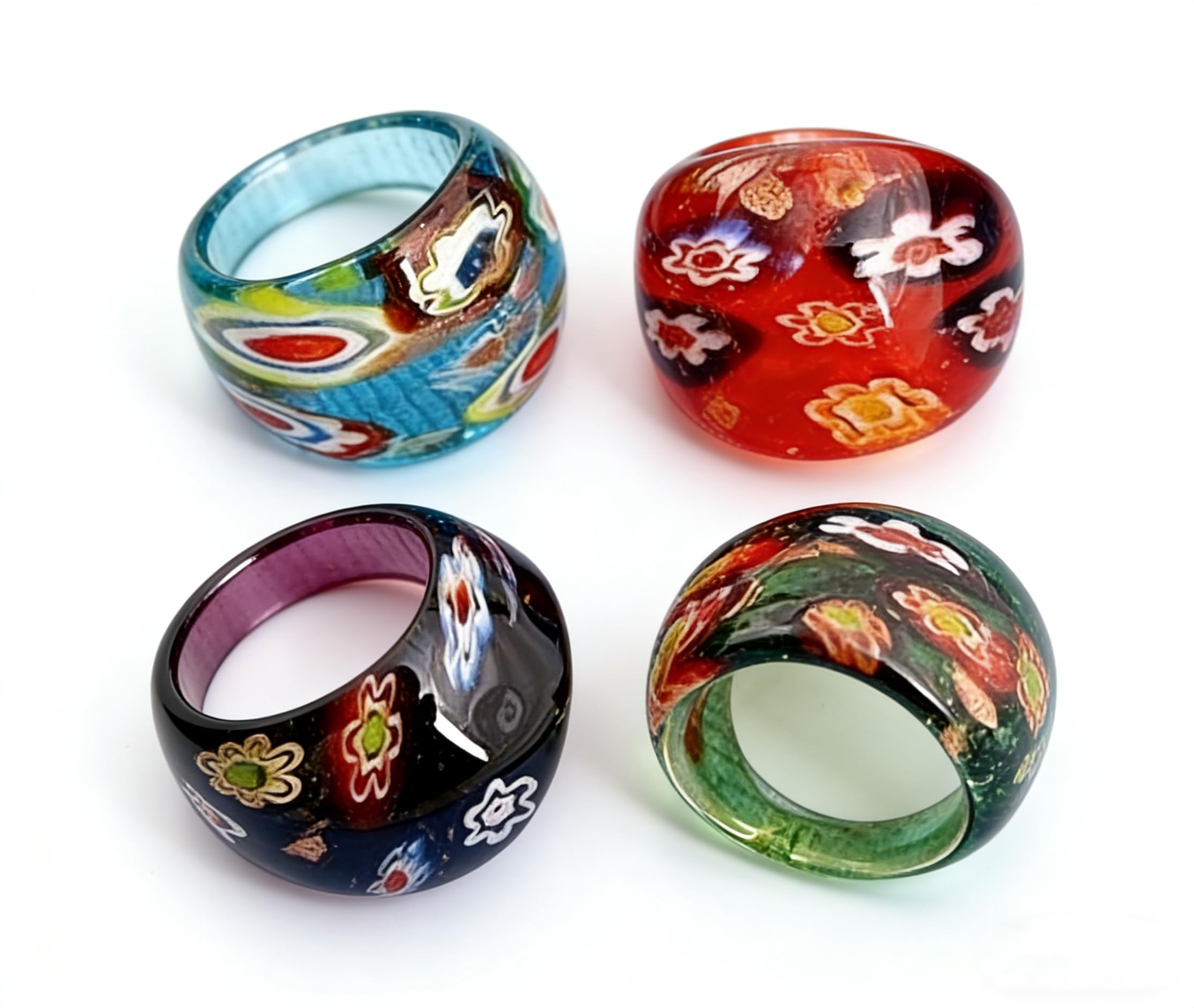 skyllc® 4 Millefiori Lampwork Glass Color Rings 17-19mm CHIC Gift