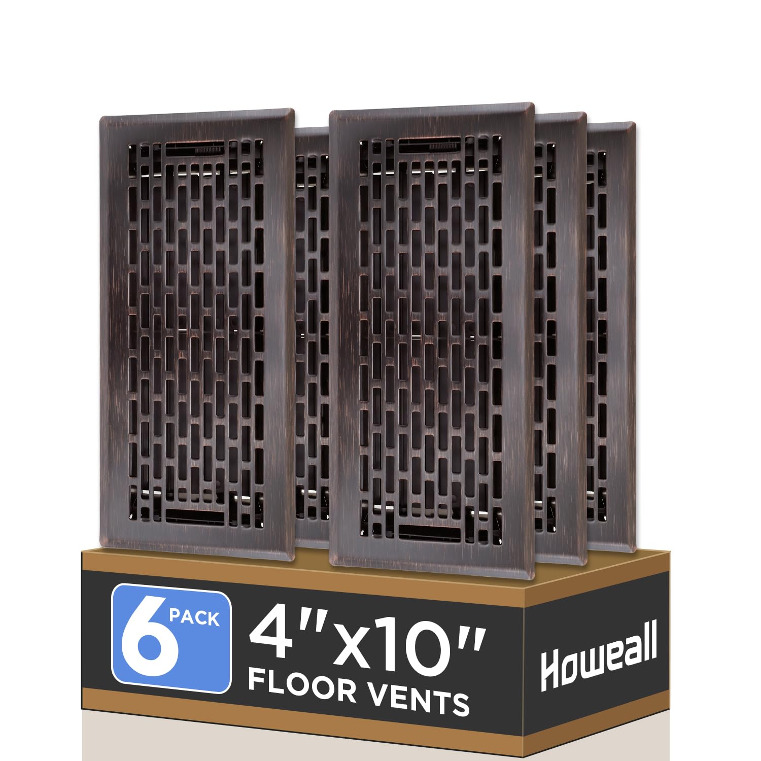 Photo 1 of Howeall 4x10 Inches 6 Pack Heavy Duty Walkable Floor Register - Easy Adjust Air Supply Lever Decorative Floor Vent Covers, Boston Design Vent Covers for Home - Oil Rubbed Bronze