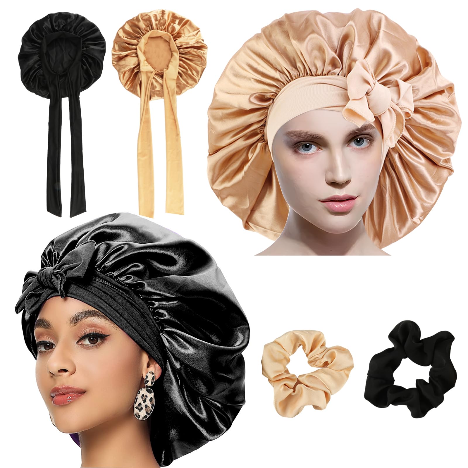 RVLZKCPG 2 Pcs Satin Bonnet, Silk Bonnet Hair Wrap for Sleeping with 2 Hair Bands, Adjustable Hair Bonnet, Soft Silk Sleep Cap for Women Long Straight Curly Hair (Black, Gold)
