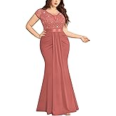 MISSMAY Women's Plus Size Double V Neck Sequin Lace Contrast Ruched Bodycon Mermaid Hem Formal Maxi Dress