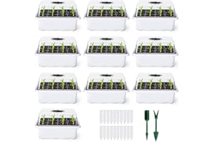 Delxo 10-Pack Seed Starter Kit Seedling Starter Tray (12 Cells per Tray) Humidity Adjustable Plant Germination Kit Garden Seed Starting Tray with Dome and White Base Plus Plant Tags Hand Tool Kit