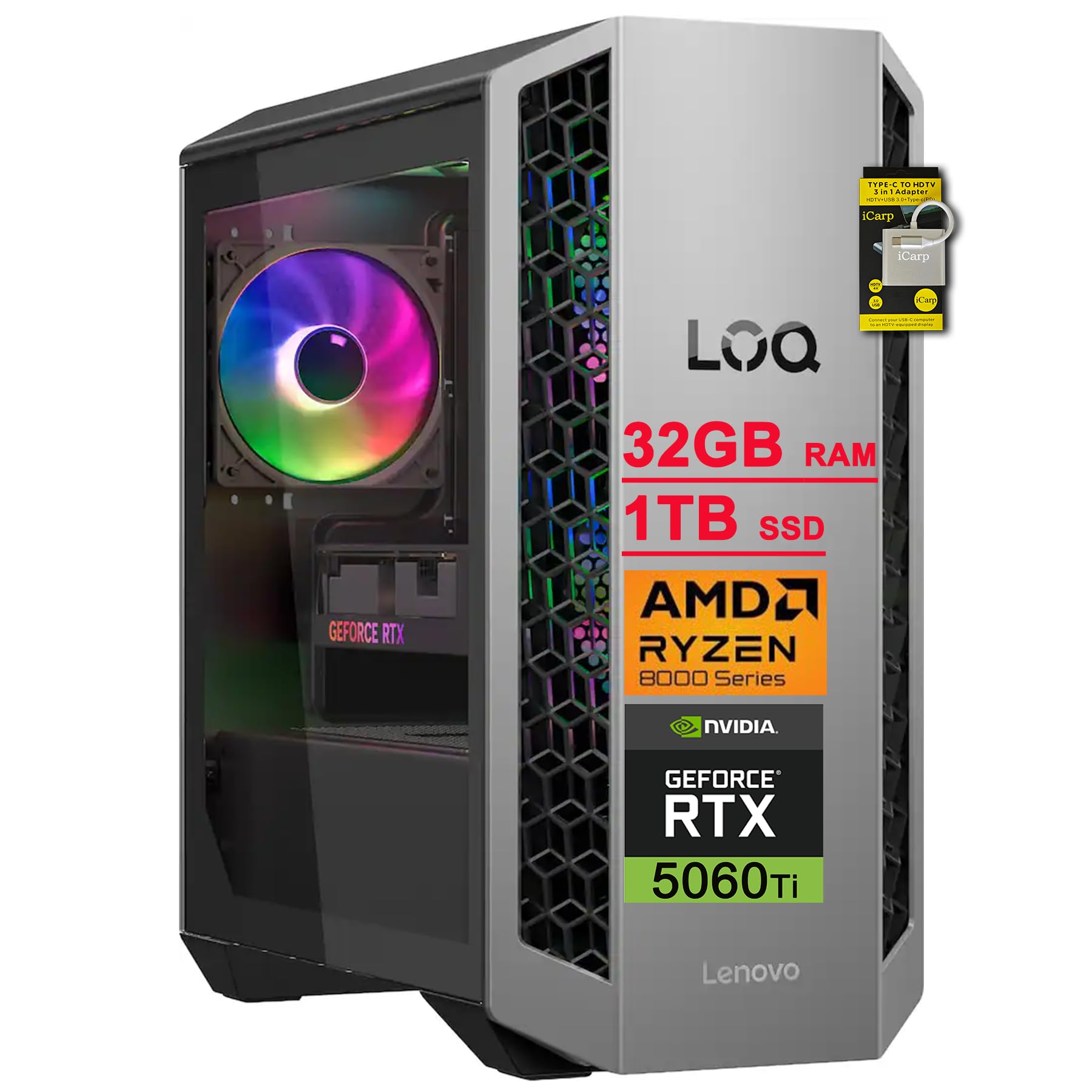 Lenovo LOQ Gaming Tower Desktop AMD 8-core Ryzen 7 8745HX 32GB RAM 1TB SSD GeForce RTX 5060 Ti GDDR7 (Up to 759 AI Tops) Type-C DisplayPort ARGB Light Win11 ICP Hub