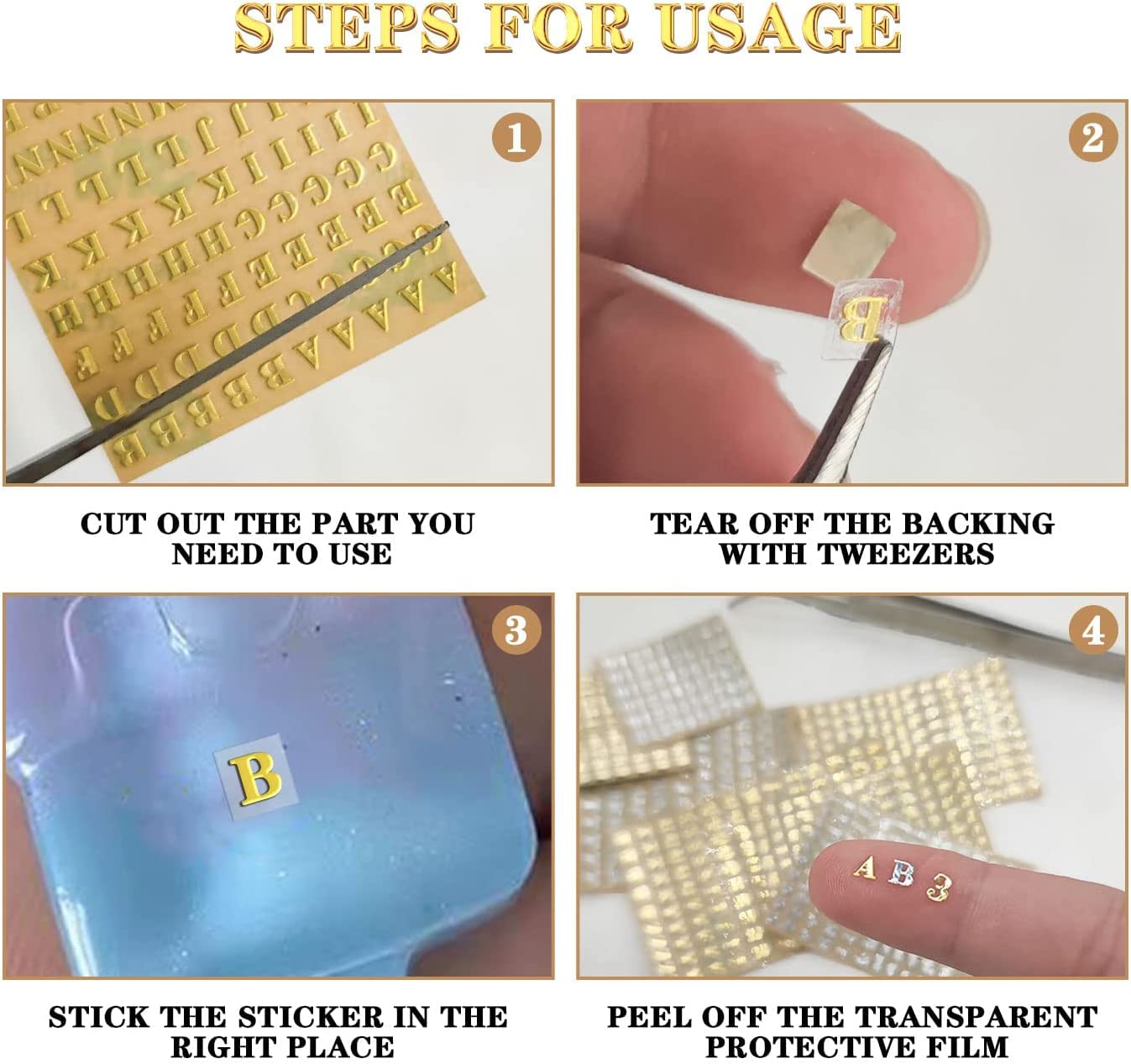 18 Sheets Mini Gold/Silver Letter Stickers for Nail Art, Epoxy Resin Crafts, Glitter Self-Adhesive DIY Scrapbook Stickers with Tweezers