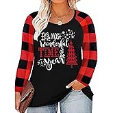 Plus Size Merry Christmas Shirts Women Xmas Buffalo Plaid Tree Shirt Long Oversized Graphic Tees Xmas Tops