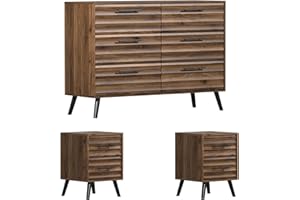 CATMIX Farmhouse Bedroom Set, 3 Pieces Bedroom Furniture Set, Fluted 6 Drawer Dresser and Nightstands, Chest of Drawers Wide Storage Organizer Cabinet for Bedroom