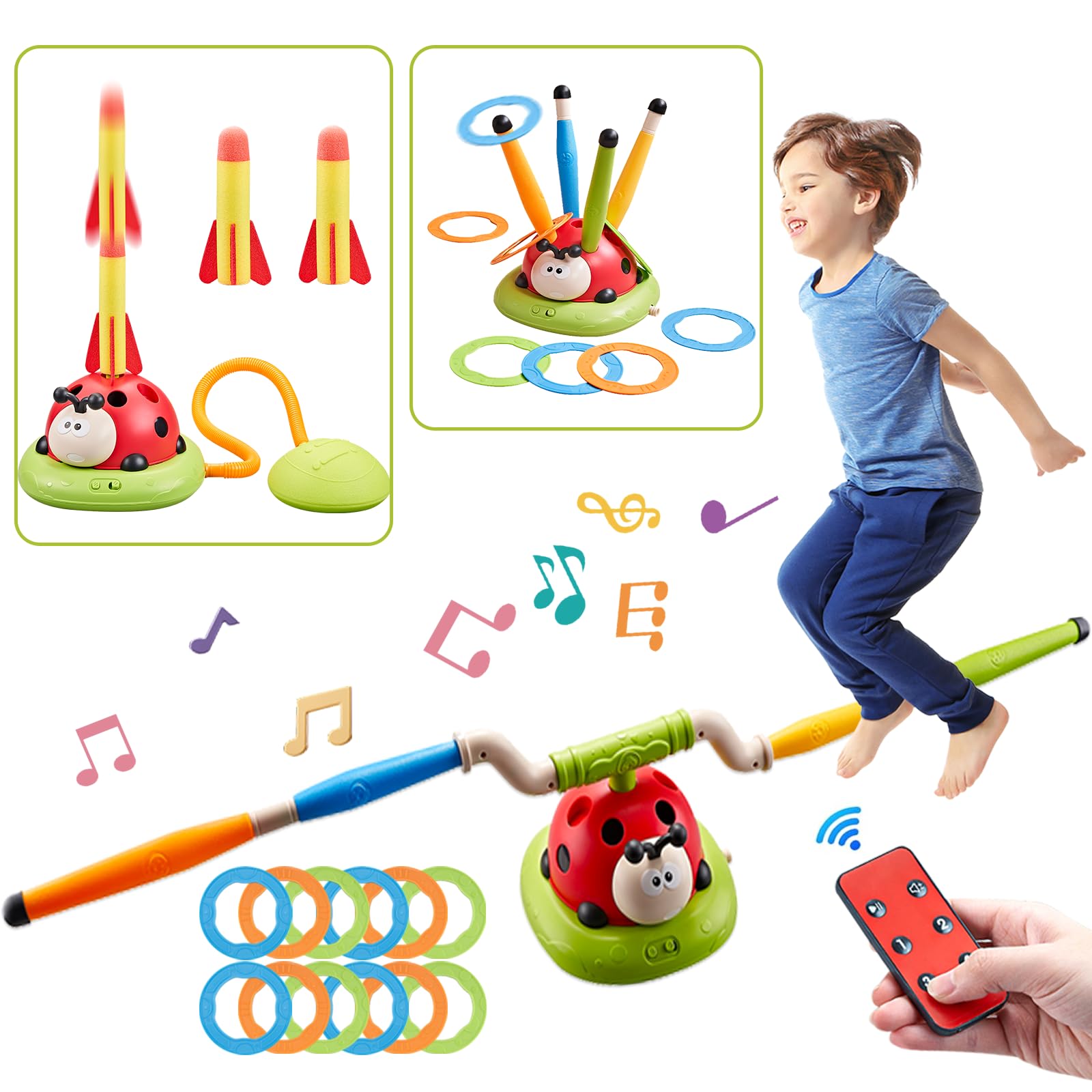 3 in 1 Multi-Functional Game Sports Machine, Kid Ladybug Fitness Machine Toy, Indoor Outdoor Child Training Equipment, Contains Rocket Launcher, Rotating Ring Toss, Rotating Musical Jump High Game