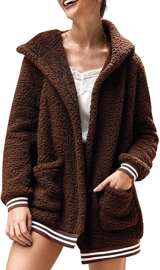 Womens Winter Fleece Cardigan Coat Long Sleeves Hooded Pocket Fluffy