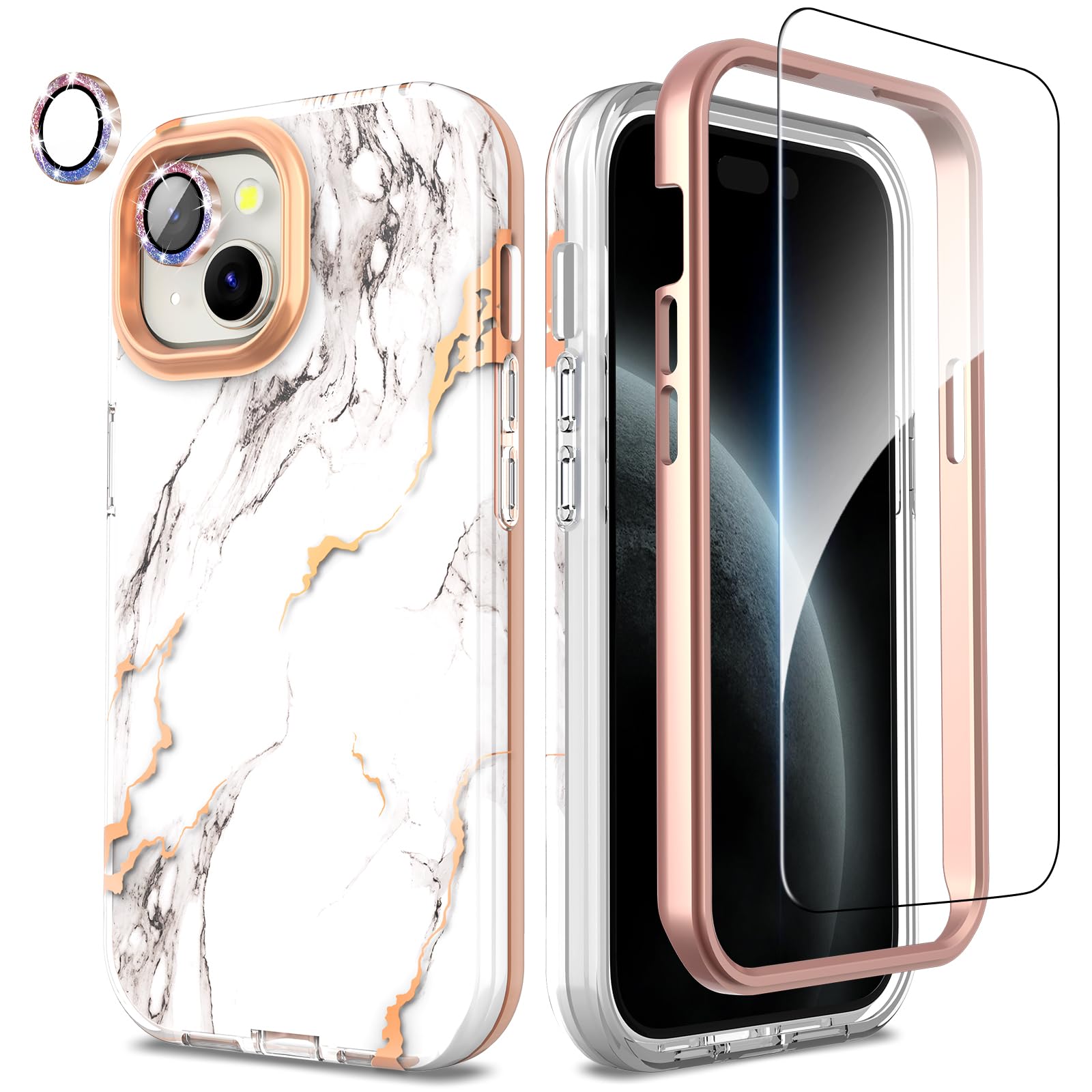 SHEDEER for iPhone 15 Case with Glitter Camera Protector + Screen Protector, Chic Anti-Yellowing Pattern, Shockproof Drop Protection Anti-Scratch Phone Cover iPhone 15 6.1'', Marble White
