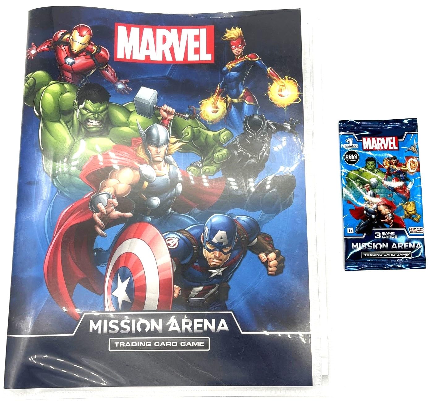 KAPTOYS MARVEL MISSION ARENA TRADING CARD GAME - COLLECTOR BINDER FOLDER + EXCLUSIVE 3 CARDS PACK Includes 1 Holo Shiny Cards & 2 Collectable Gaming Cards (AVENGERS)