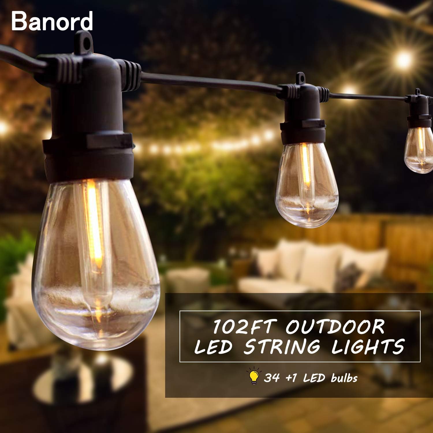 Banord 51FT Outdoor Shatterproof LED String Lights, Waterproof 17 Hanging Sockets with 18 x Dimmable LED Bulb Garden Light String, Waterproof Vintage Patio Lights for Wedding Party : Garden & Outdoor