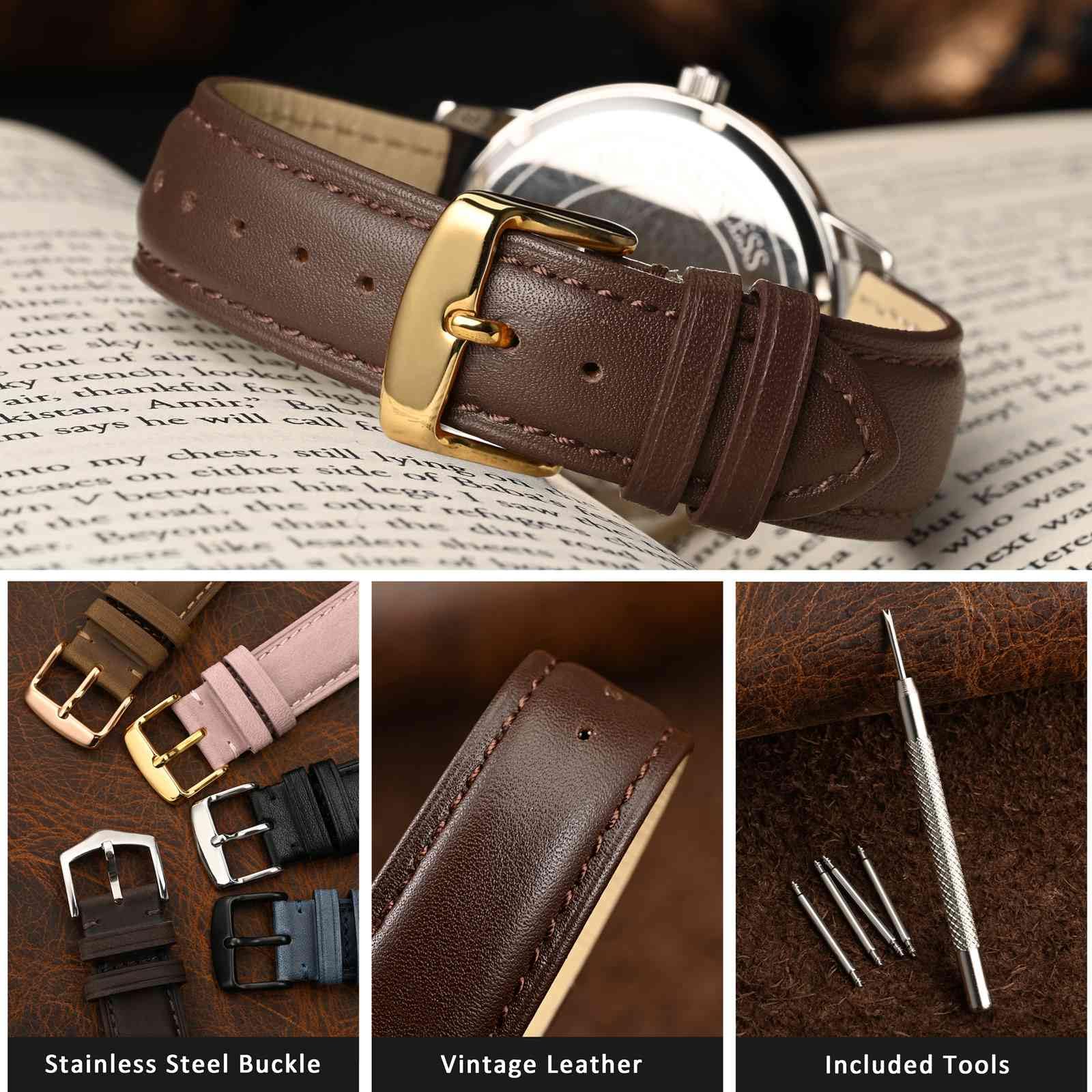 WOCCI 18mm Vintage Leather Watch Band for Men and Women, Gold Buckle (Dark Brown)