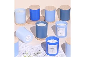 REISEN 12Pcs Assorted Blue Candle Jars, 10oz Glass Candle Containers for DIY Gifts and Storage, Frosted Blue Glass Jars with Bamboo Lids and Labels