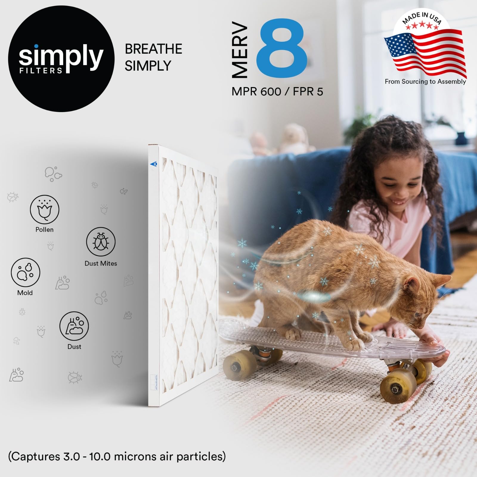 Simply 10x24x1 Air Filter, Merv 8, MPR 600, 6 Pack, For Home AC Furnace & HVAC (Actual Size: 9.75