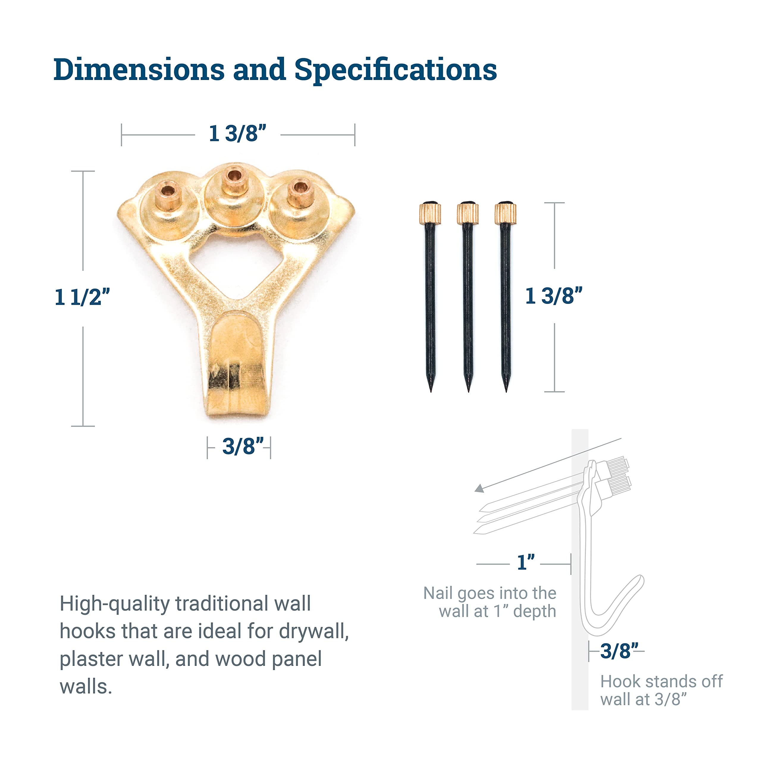 100 lb Picture Hangers, 10 Pack with Nails - Picture Hanging Hooks, Picture Hanging Hardware, Frame Hooks or Hangers, Heavy Duty Picture Hangers, Mirror Hanger - for Drywall and Plaster