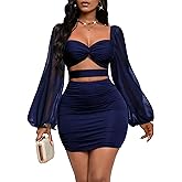 GothDark Womens Sexy Mesh Dress Bodycon Cut Out Puff Sleeve Ruched Party Club Homecoming Mini Dresses