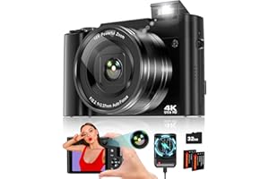 ToAuite 4K Digital Camera for Photography, 64MP Autofocus Vlogging Camera for YouTube with Selfie Lens, Compact Travel Video Camera with Flash, 16X Zoom, Anti-Shake, 32GB Card, 2 Batteries(Black)