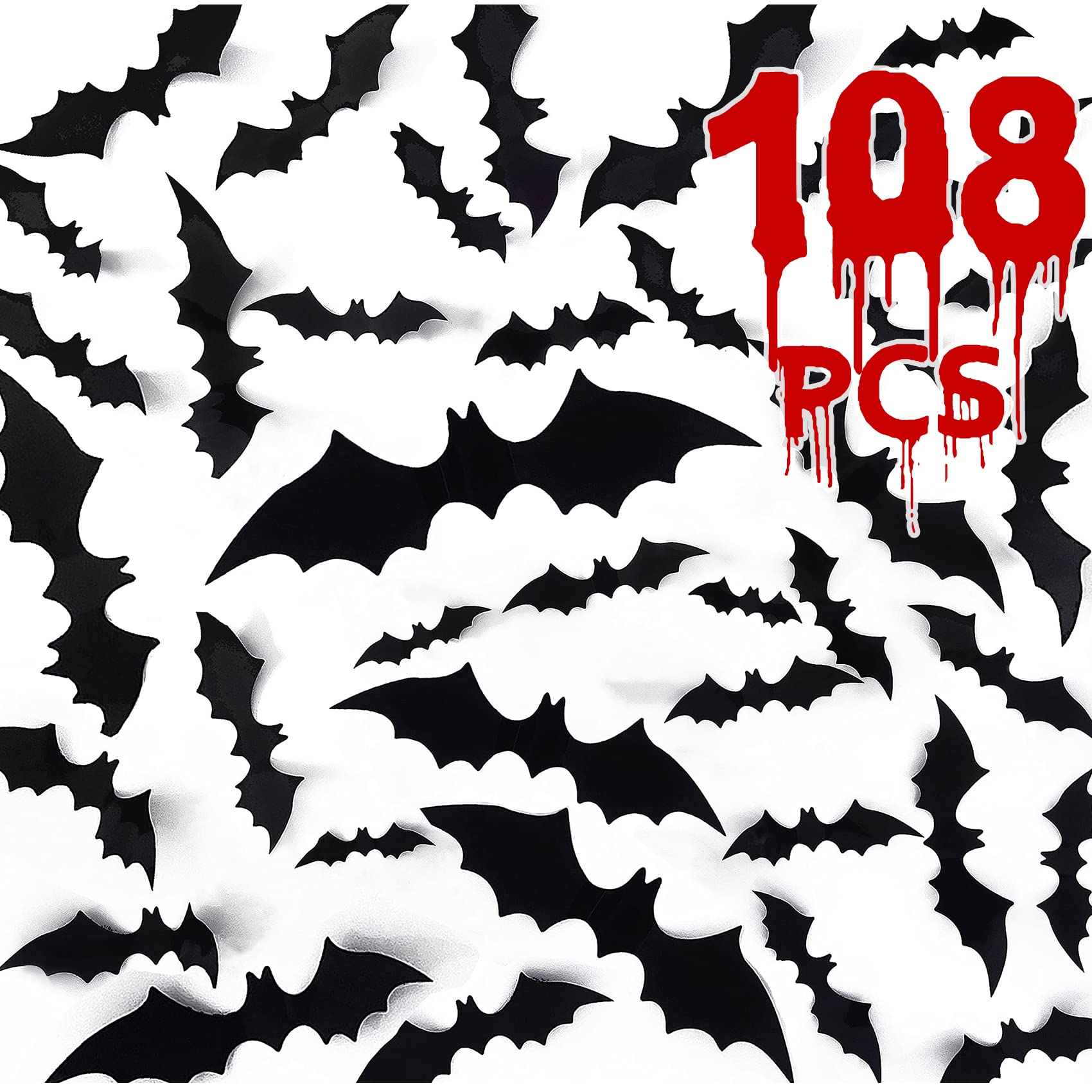 RMMD 108 PCS Halloween Bats 3D Bats Stickers Decorations Plastic Bat Stick on Wall Bat Decals for Halloween Home Room Office Decoration
