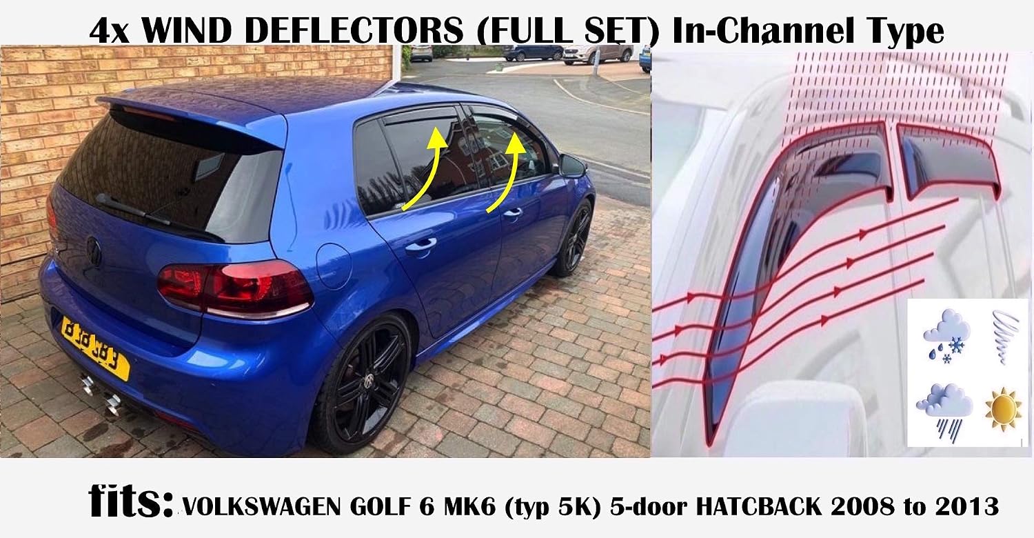 Set Of 4 Wind Deflectors For VW MK6 GOLF 6 HATCHBACK 5 door R GTI GT 2008 2009 2010 2011 2012 In-Channel Acrylic Side Window Visors-Smoke Tinted Sun & Rain Guards Reflectors