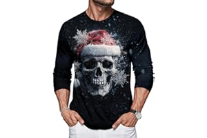 Mens Long Sleeve Christmas T Shirts,Skull Crewneck - Spooky Fall Tee Shirt Regular Fit Trendy Clothes - for Parties