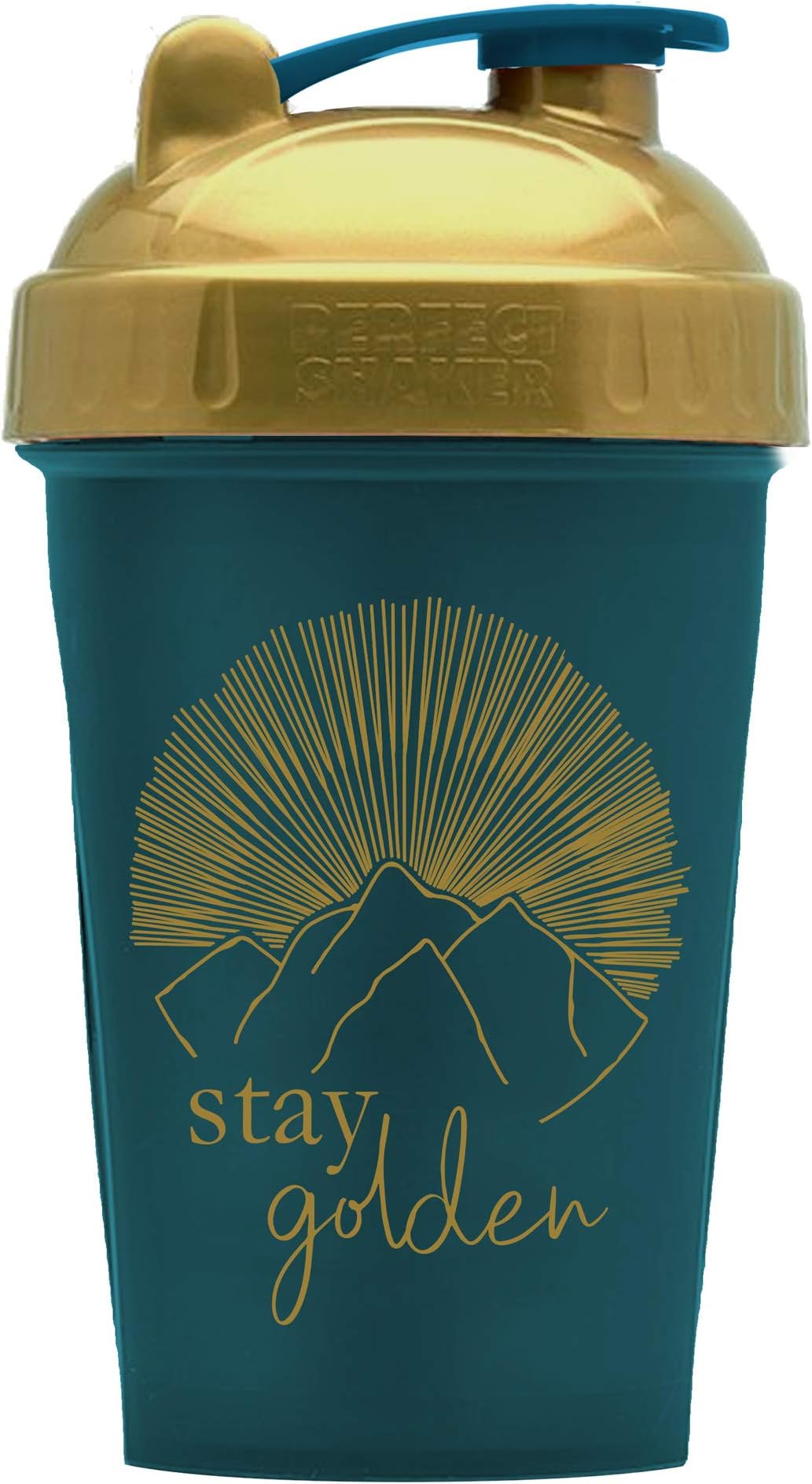 Motivational Quotes on Performa Perfect Shaker Bottle, 20 Ounce Classic Protein Shaker Bottle, Dishwasher Safe, Leak Proof, Multiple Sayings and Colors (Stay Golden - Teal/Gold - 20oz)
